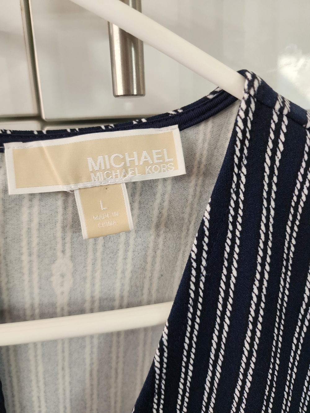 Michael Kors Navy and White Striped V-Neck Fit & Flare Mini Dress - Picture 3 of 3